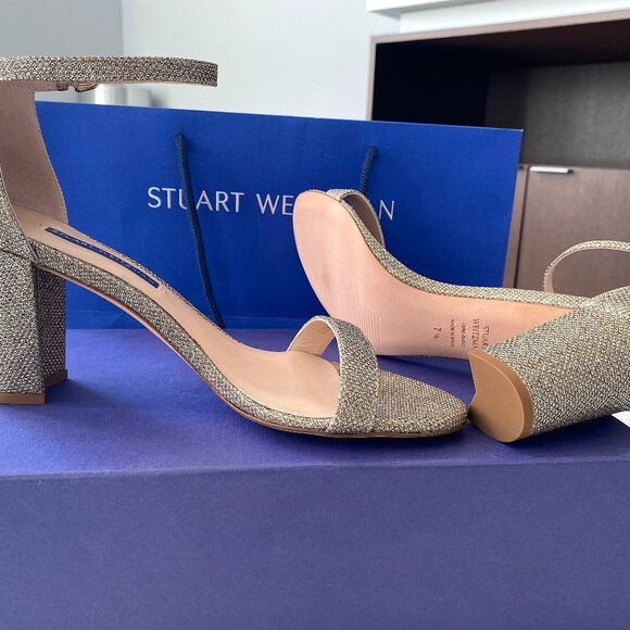 Stuart Weitzman Womens Gold Ankle Strap Glitter  Block Heel - Picture 1 of 5